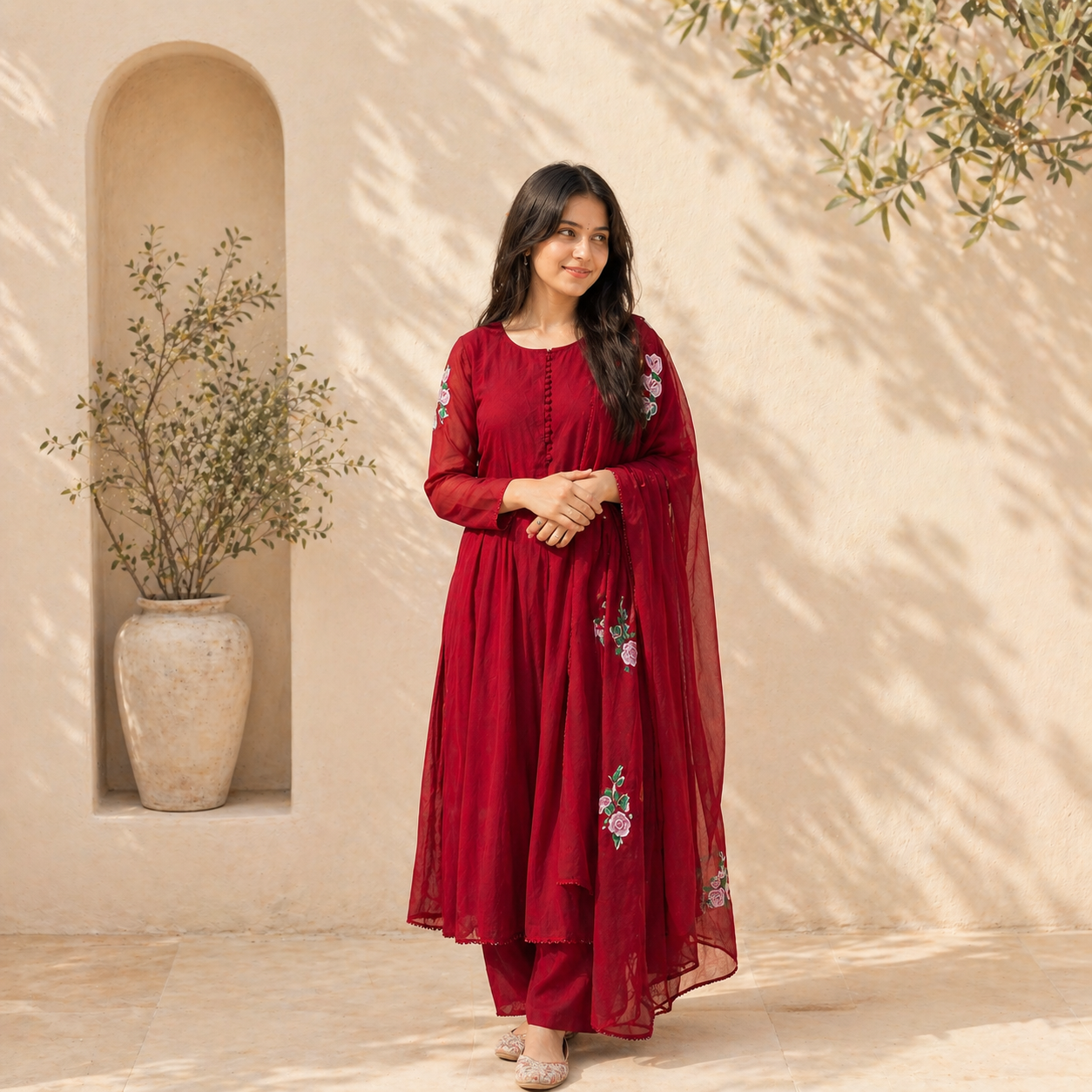 Handprinted floral anarkali suit set