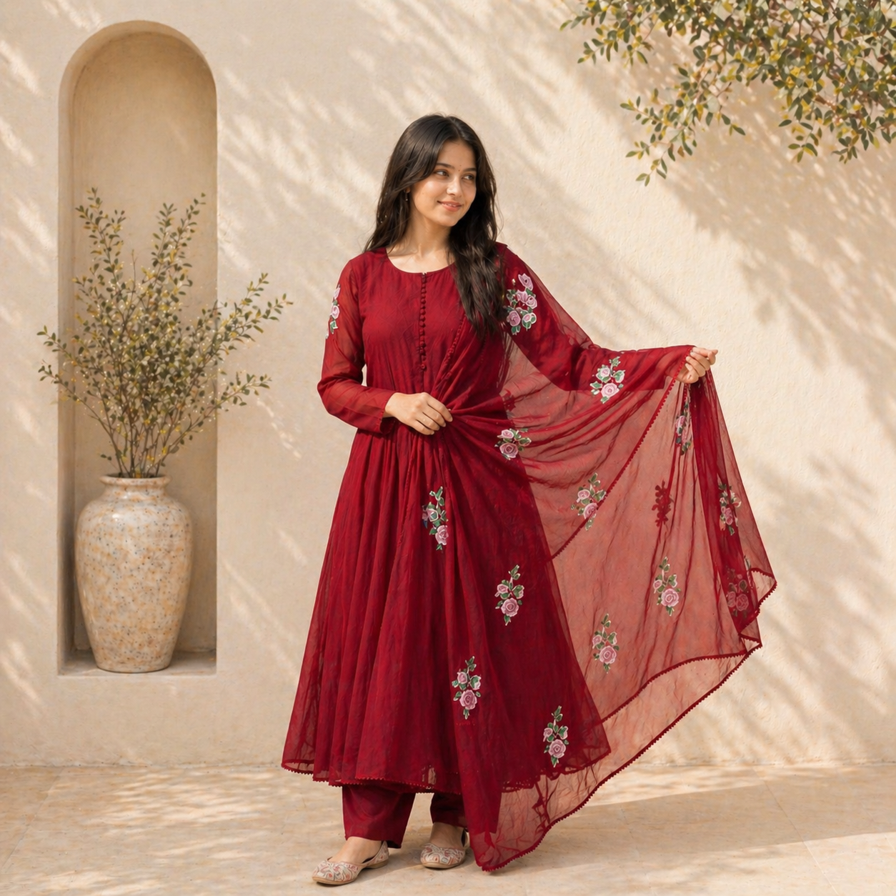 Handprinted floral anarkali suit set