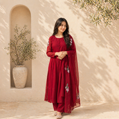 Handprinted floral anarkali suit set